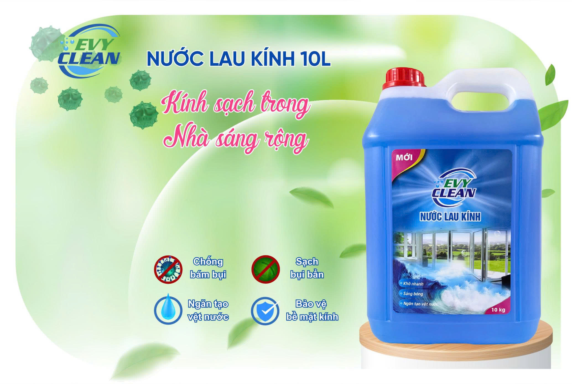 Nước Lau Kính EvyClean Can 10L – Sạch Bóng, Chống Bám Bụi, Bảo Vệ Bề Mặt